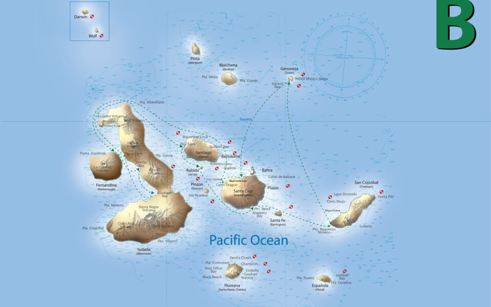Route map of Origin, Theory, Evolve & Letty Galapagos Cruises 8-day West itinerary, operating roundtrip from San Cristobal Island with visits to San Cristobal, Genovesa, Isabela, Fernandina, Santiago and Santa Cruz islands.