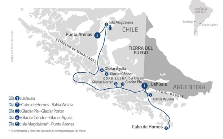 Route map of Patagonian Explorer Ushuaia to Punta Arenas 5-day small ship Patagonia cruise, operating from Ushuaia, Argentina to Punta Arenas, Chile with visits to Cape Horn & Wulaia Bay, Pia Glacier & Porter Glacier, Agostini Sound, Águila Glacier, Cóndor Glacier & Magdalena Island.