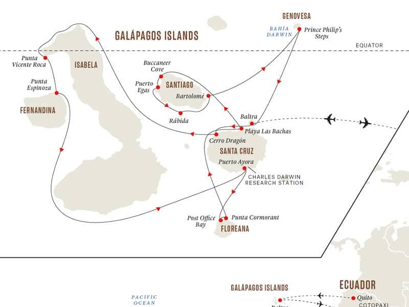 11-day Nine of The Best Isles cruise on Santa Cruz II operating round-trip from Baltra for 9 days cruising Santa Cruz, Isabela, Fernandina, Floreana, Santiago, Rabida, Bartolome and Genovesa islands.