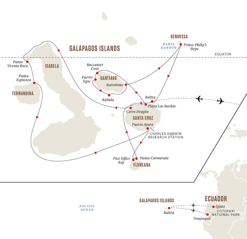 11-day Nine of The Best Isles cruise on Santa Cruz II operating round-trip from Baltra for 9 days cruising Santa Cruz, Isabela, Fernandina, Floreana, Santiago, Rabida, Bartolome and Genovesa islands.