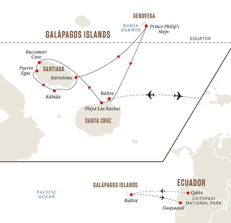 7-day Nature & Wildlife Expedition Cruise on Santa Cruz II operating round-trip from Baltra for 5 days cruising Santa Cruz, Santiago, Rabida, Bartolome and Genovesa islands.