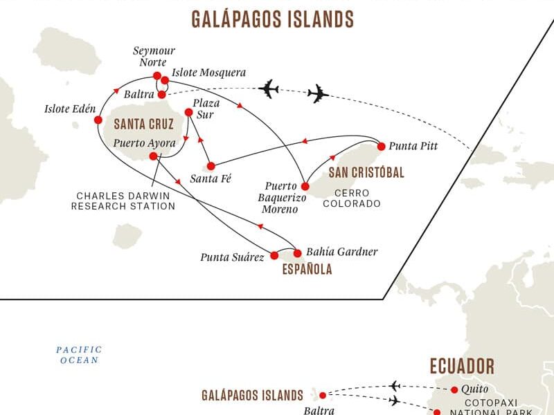 7-day In Darwin's Footsteps cruise on Santa Cruz II operating round-trip from Baltra for 7 days cruising Mosquera Islet, Osborn Islet, Eden Islet and the islands of Santa Cruz, Santa Fe, South Plaza, Espanola and North Seymour.