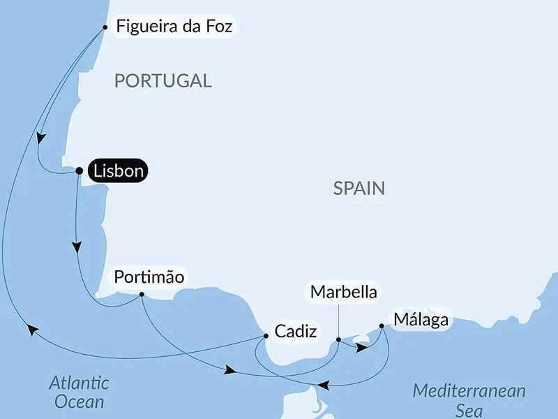 Route map of Solar Eclipse at Sea: Voyage Along the Iberian Peninsula cruise round-trip from Lisbon, Portugal with visits including southern Spain.