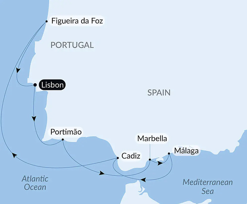 Route map of Solar Eclipse at Sea: Voyage Along the Iberian Peninsula cruise round-trip from Lisbon, Portugal with visits including southern Spain.