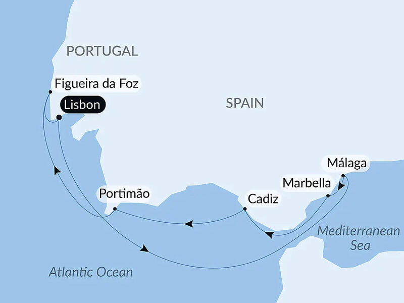 Route map of Solar Eclipse Between the Mediterranean & the Atlantic cruise round-trip from Lisbon, Portugal with visits including southern Spain.