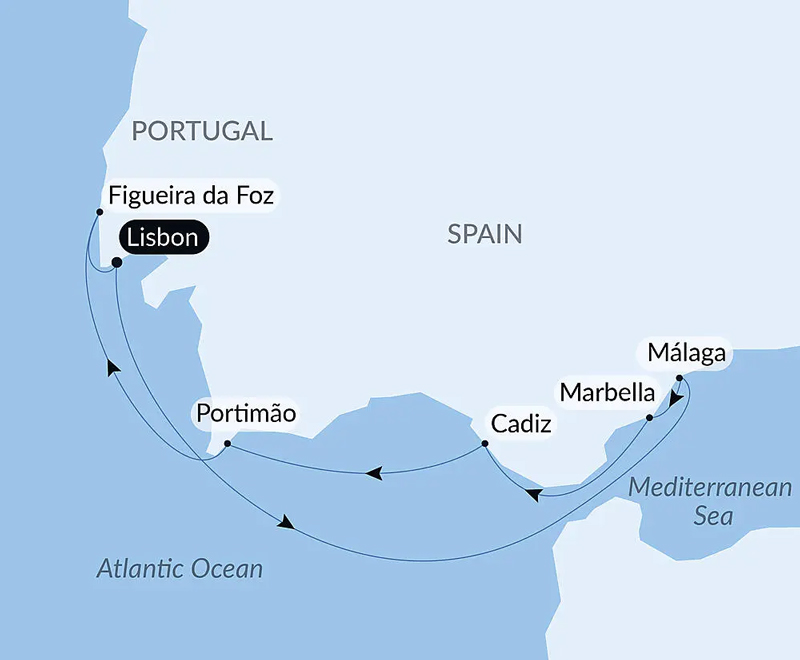 Route map of Solar Eclipse Between the Mediterranean & the Atlantic cruise round-trip from Lisbon, Portugal with visits including southern Spain.