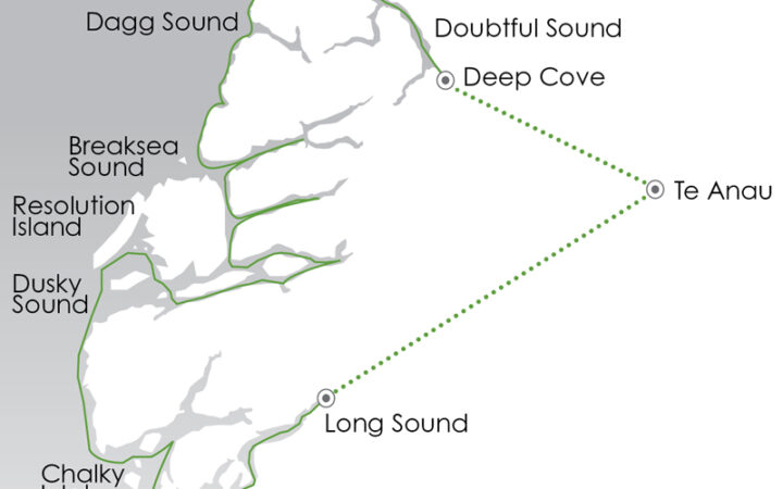 Route map of Southern Fiords Discovery cruise, round-trip from Te Anau between Doubtful Sound & Preservation Inlet, New Zealand.