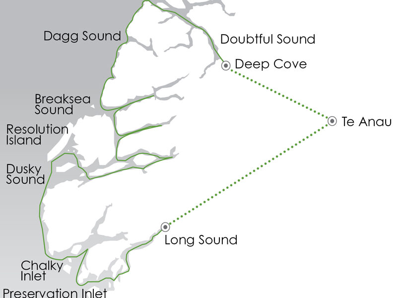 Route map of Southern Fiords Discovery cruise, round-trip from Te Anau between Doubtful Sound & Preservation Inlet, New Zealand.