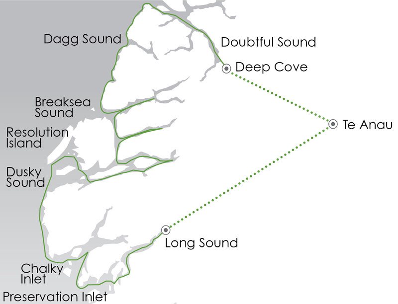 Route map of Southern Fiords Discovery cruise, round-trip from Te Anau between Doubtful Sound & Preservation Inlet, New Zealand.