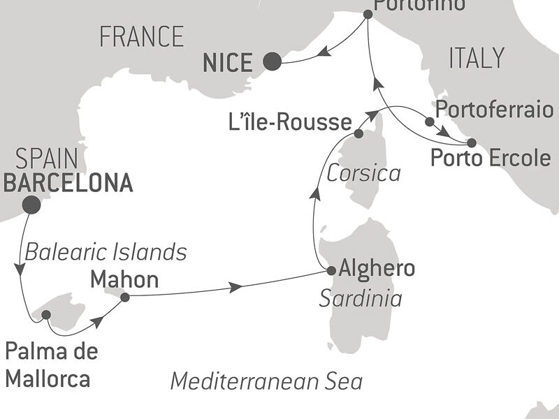 Route map of Total Solar Eclipse at Sea Mediterranean cruise from Barcelona, Spain to Nice, France with visits to the Balearic Islands, Sardinia, Corsica & Italy.