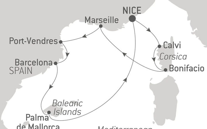 Route map of Total Solar Eclipse in the Mediterranean cruise round-trip from Nice, France with visits to Corsica, the Balearic Islands & Spain.