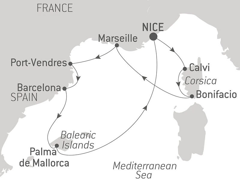 Route map of Total Solar Eclipse in the Mediterranean cruise round-trip from Nice, France with visits to Corsica, the Balearic Islands & Spain.