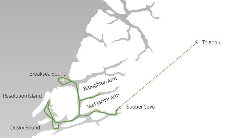 Route map of Undiscovered Dusky Sound cruise, round-trip from Te Anau, New Zealand with visits between Dusky & Breaksea Sounds.