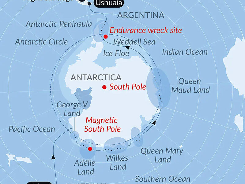 Route map of Unexplored Eastern Antarctica Between Two Continents expedition cruise from Hobart, Tasmania to Ushuaia, Argentina.