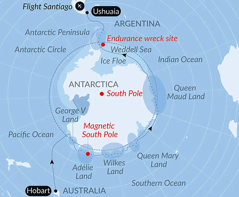 Route map of Unexplored Eastern Antarctica Between Two Continents expedition cruise from Hobart, Tasmania to Ushuaia, Argentina.