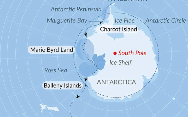 Blue & white route map of Unexplored Western Antarctica Between Two Continents cruise from Ushuaia, Argentina to Hobart, Australia.