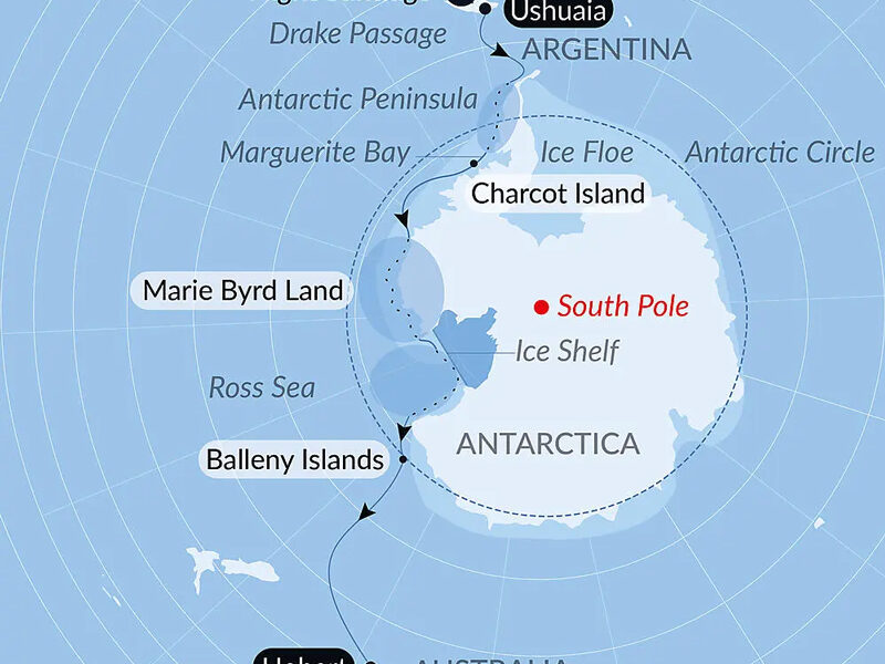 Blue & white route map of Unexplored Western Antarctica Between Two Continents cruise from Ushuaia, Argentina to Hobart, Australia.
