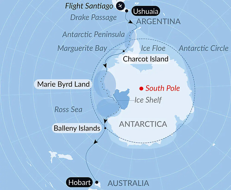 Blue & white route map of Unexplored Western Antarctica Between Two Continents cruise from Ushuaia, Argentina to Hobart, Australia.