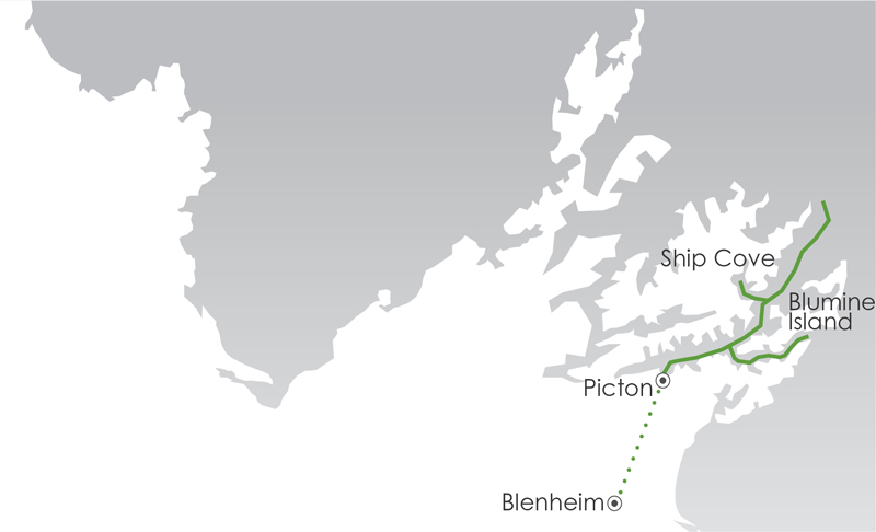 Route map of Unseen Queen Charlotte Sound cruise round-trip from Blenheim, New Zealand with visits along the north coast of the South Island.