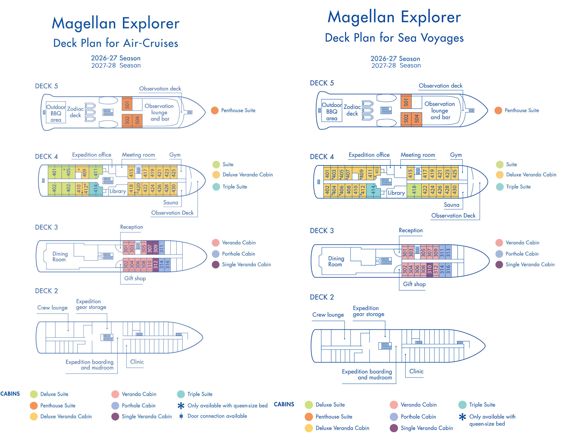 Two deck plans for polar ship Magellan Explorer, showing capacity for 76 or 96 guests across 3 decks, for the 2026-27 season of air cruises and sea voyages.