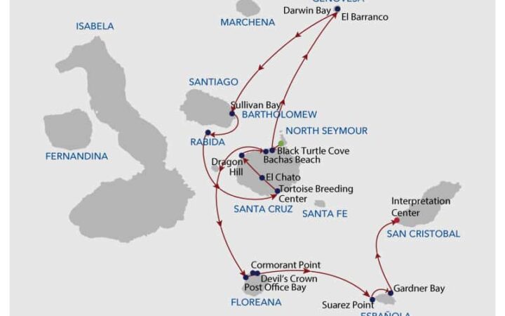 Galapagos cruise route map with visits to Baltra, Santa Cruz, Genovesa, Santiago, Rabida, Floreana, Espanola and San Cristobal islands.
