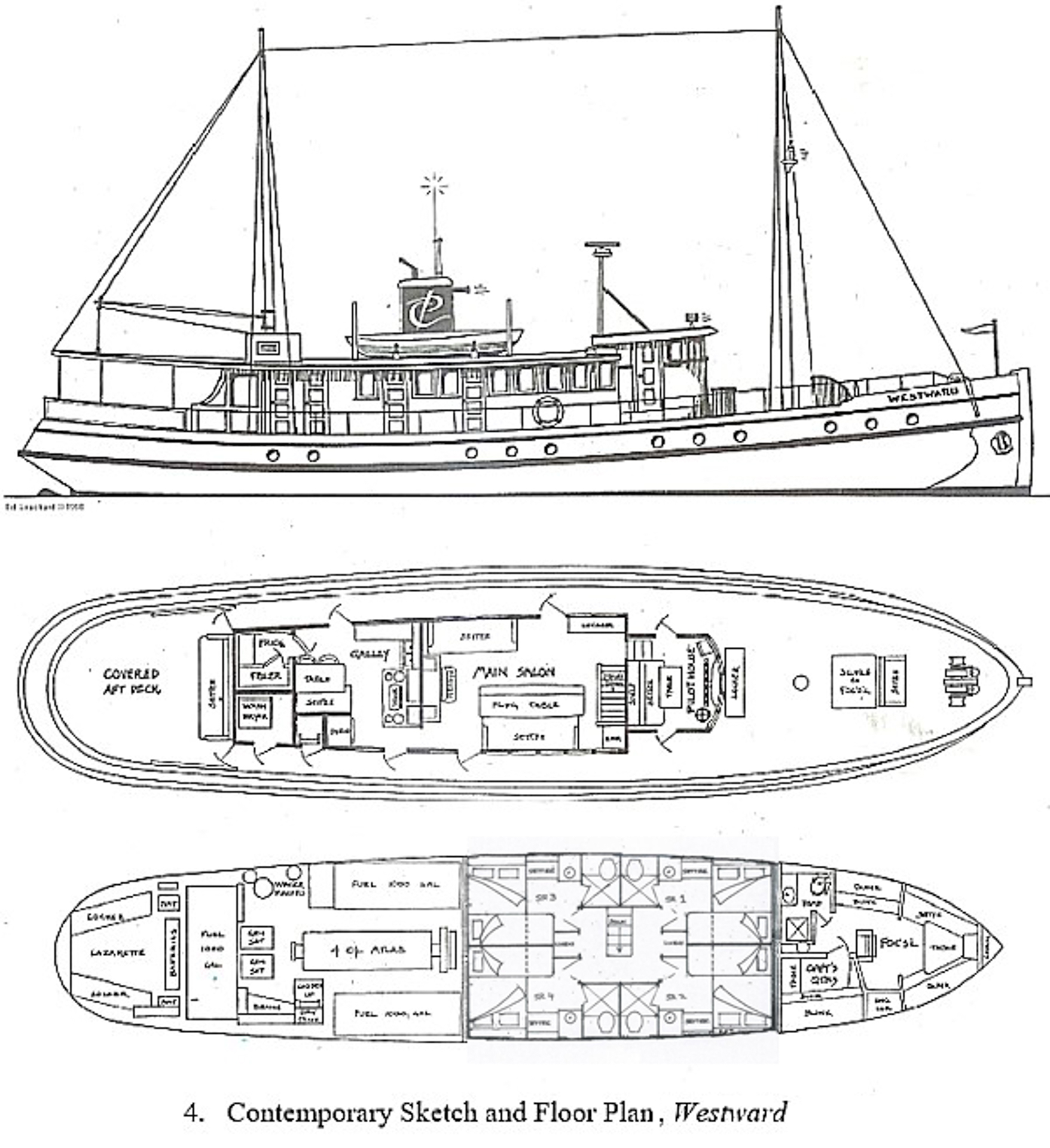 Deck plan for small ship Westward showcasing her two decks, and a side external view. 4 cabins are shown fitted with bathrooms.