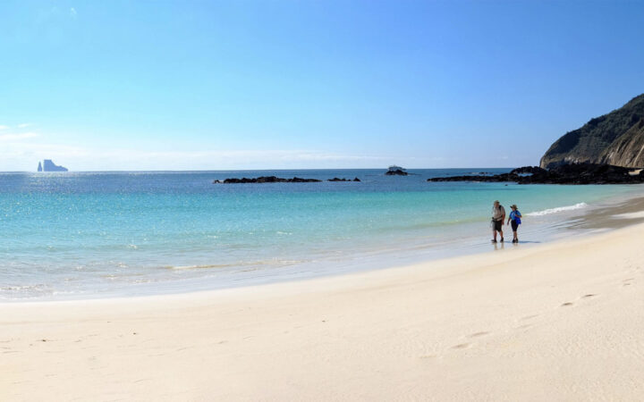 Couple walking along the wide open beach on a picturesque day in the Galapagos