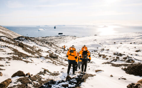 Hikers in orange jackets traverse the Antarctic landscape on a sunny day with the ocean visible in the distance.