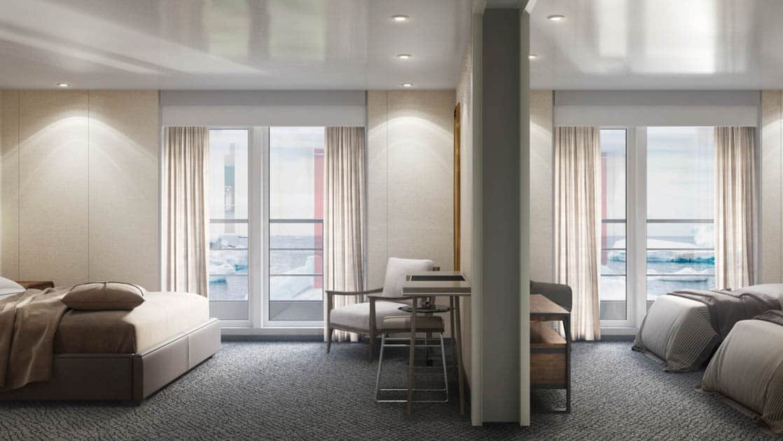 Triple Suite on Magellan Explorer with 2 twin beds & 1 sofa bed, enclosed by partition wall with storage & seating on either side
