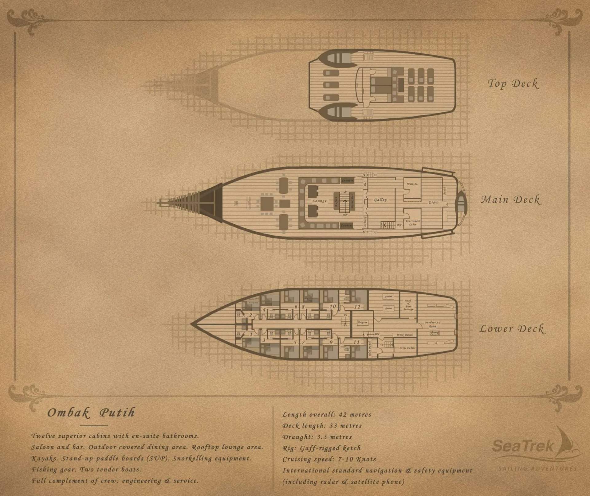 Deck plan of 24-guest Ombak Putih Indonesian small sailing ship with 3 guest decks & 12 cabins on the Lower Deck.