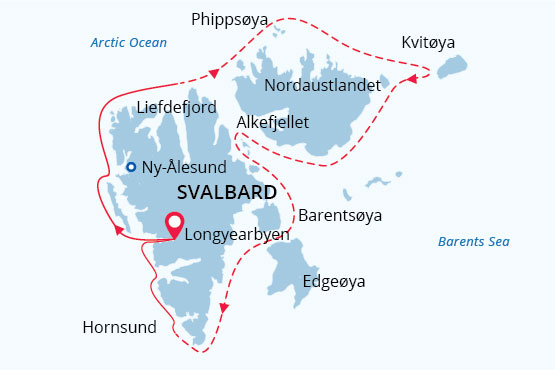 Route map of In-Depth Exploration in the Land of the Polar Bear, round-trip from Longyearbyen, Svalbard, with an attempt to circumnavigate Svalbard & a unique visit to Kvitoya.