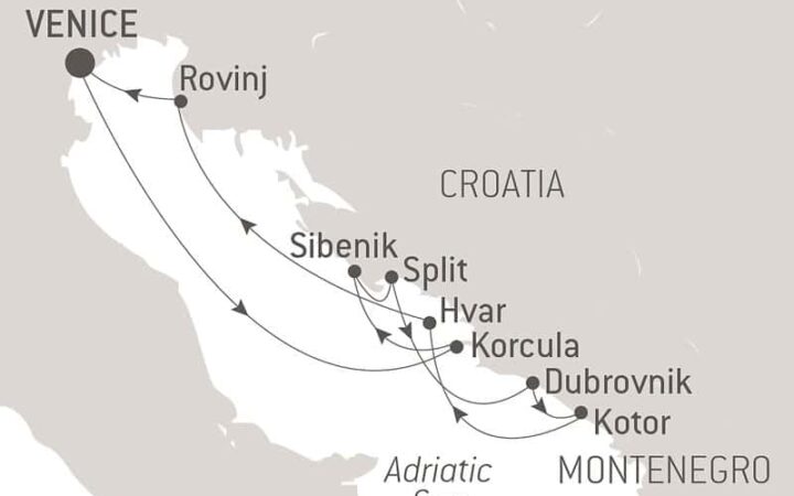 Route map of Best of Croatia luxury cruise, operating round-trip from Venice, Italy, with visits to Rovinj, Sibenik, Split, Hvar, Korcula, Dubrovnik & Kotor, Montenegro.