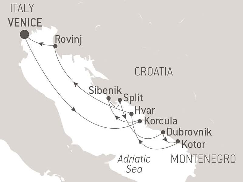 Route map of Best of Croatia luxury cruise, operating round-trip from Venice, Italy, with visits to Rovinj, Sibenik, Split, Hvar, Korcula, Dubrovnik & Kotor, Montenegro.