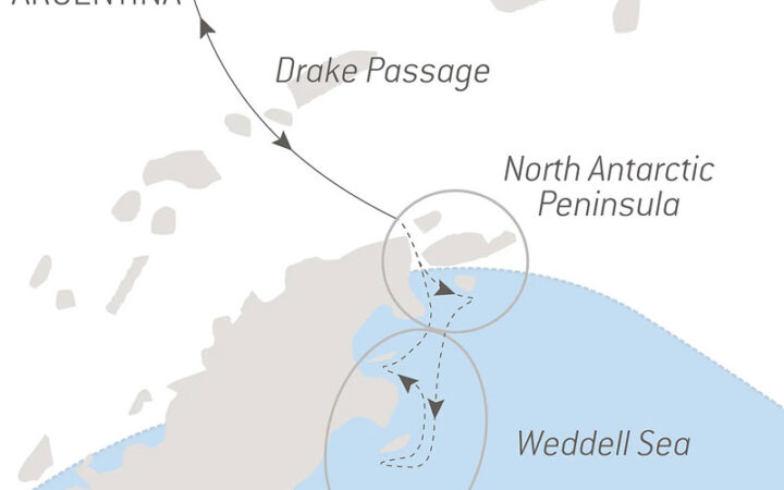 Route map of The 14-day Emperor Penguins of Weddell Sea Antarctica cruise aboard Le Commandant Charcot, round-trip from Ushuaia, Argentina, with bookend flights via Santiago, Chile, and visits to the North Antarctic Peninsula & Drake Passage.