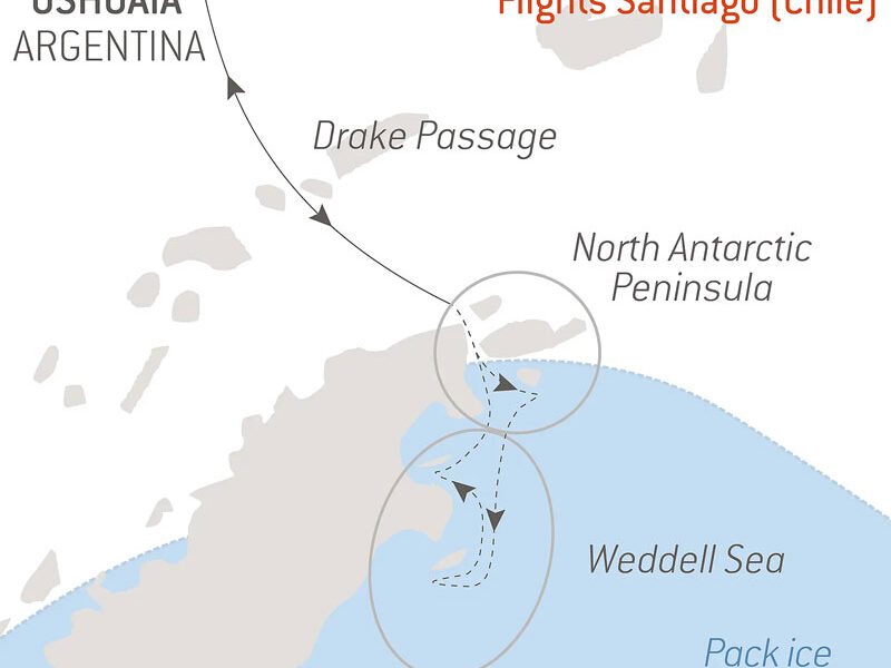Route map of The 14-day Emperor Penguins of Weddell Sea Antarctica cruise aboard Le Commandant Charcot, round-trip from Ushuaia, Argentina, with bookend flights via Santiago, Chile, and visits to the North Antarctic Peninsula & Drake Passage.
