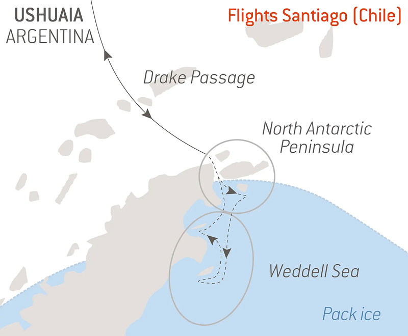 Route map of The 14-day Emperor Penguins of Weddell Sea Antarctica cruise aboard Le Commandant Charcot, round-trip from Ushuaia, Argentina, with bookend flights via Santiago, Chile, and visits to the North Antarctic Peninsula & Drake Passage.