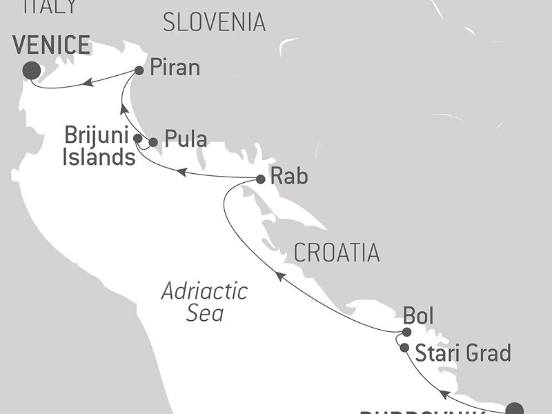 Route map of Cities & Splendors of the Adriatic cruise from Dubrovnik, Croatia to Venice, Italy with visits to Croatia's Stari Grad, Bol, Rab, Pula, Brijuni Islands & Slovenia's Piran.