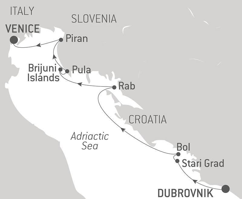 Route map of Cities & Splendors of the Adriatic cruise from Dubrovnik, Croatia to Venice, Italy with visits to Croatia's Stari Grad, Bol, Rab, Pula, Brijuni Islands & Slovenia's Piran.