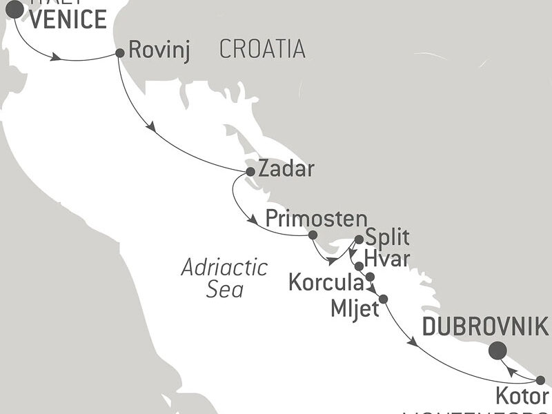 Route map of Croatia's Dalmatian Coast by Sea cruise from Venice, Italy to Dubrovnik, Croatia, with visits to Rovinj, Zadar, Primosten, Split, Hvar, Korcula & Kotor.
