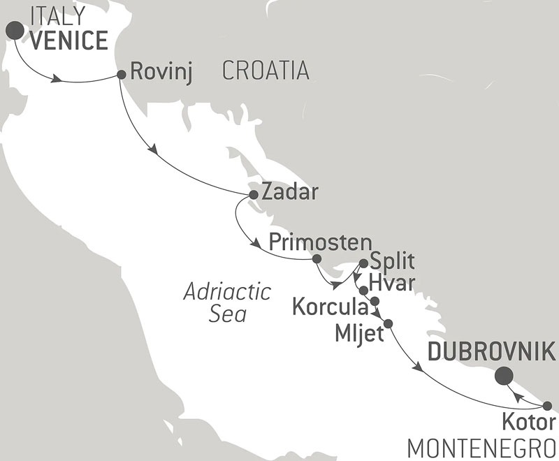 Route map of Croatia's Dalmatian Coast by Sea cruise from Venice, Italy to Dubrovnik, Croatia, with visits to Rovinj, Zadar, Primosten, Split, Hvar, Korcula & Kotor.