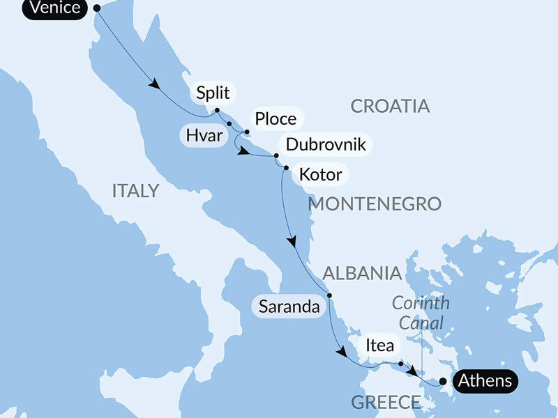 Route map of Cruising The Dalmatian Coast & Ionian Sea With Smithsonian Journeys Mediterranean cruise, operating between Greece & Italy with visits along Albania, Croatia & Montenegro.