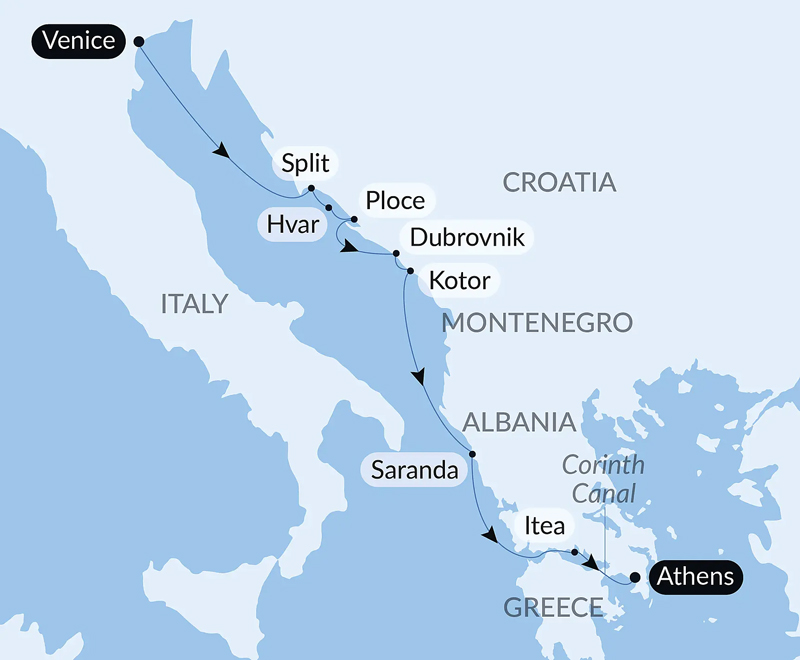 Route map of Cruising The Dalmatian Coast & Ionian Sea With Smithsonian Journeys Mediterranean cruise, operating between Greece & Italy with visits along Albania, Croatia & Montenegro.
