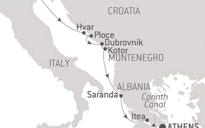 Route map of Cruising The Dalmatian Coast & Ionian Sea With Smithsonian Journeys Mediterranean cruise, operating between Greece & Italy with visits along Albania, Croatia & Montenegro.