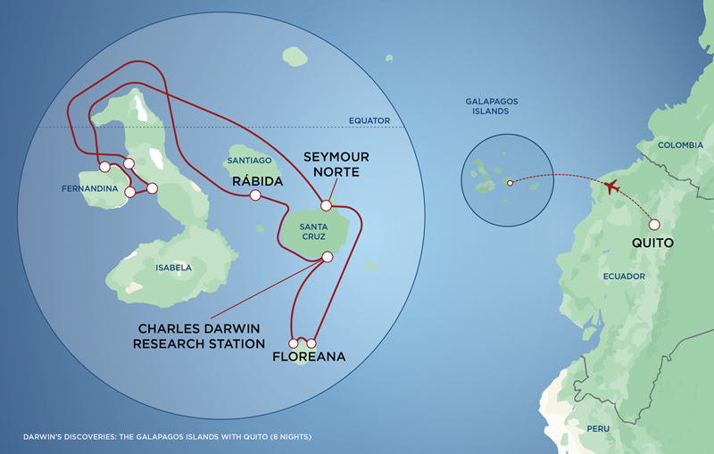 Green and blue colored map showing the route of the Darwin's Galapagos Discoveries cruise with a start in Quito, Ecuador.