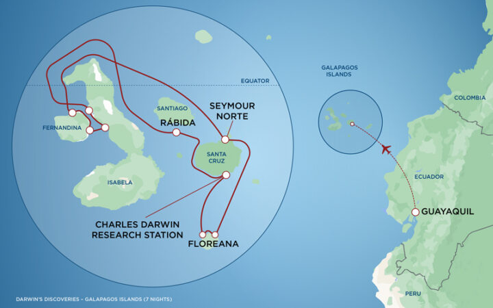 Green and blue colored map showing the route of the Darwin's Discoveries cruise in the Galapagos Islands