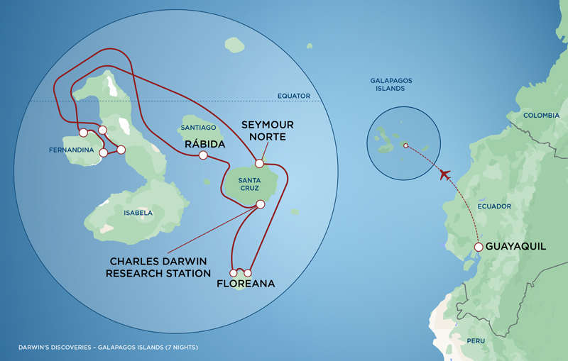 Green and blue colored map showing the route of the Darwin's Discoveries cruise in the Galapagos Islands