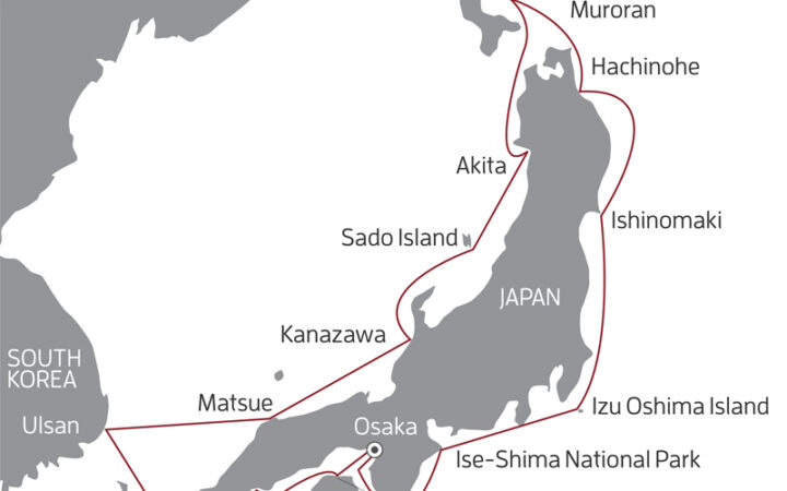 Route map of Japan National Parks, Art & Culture cruise, round-trip from Osaka with a full circumnavigation of Honshu plus visits to Hokkaido, Kyushu & South Korea's city of Ulsan.