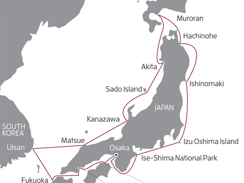 Route map of Japan National Parks, Art & Culture cruise, round-trip from Osaka with a full circumnavigation of Honshu plus visits to Hokkaido, Kyushu & South Korea's city of Ulsan.