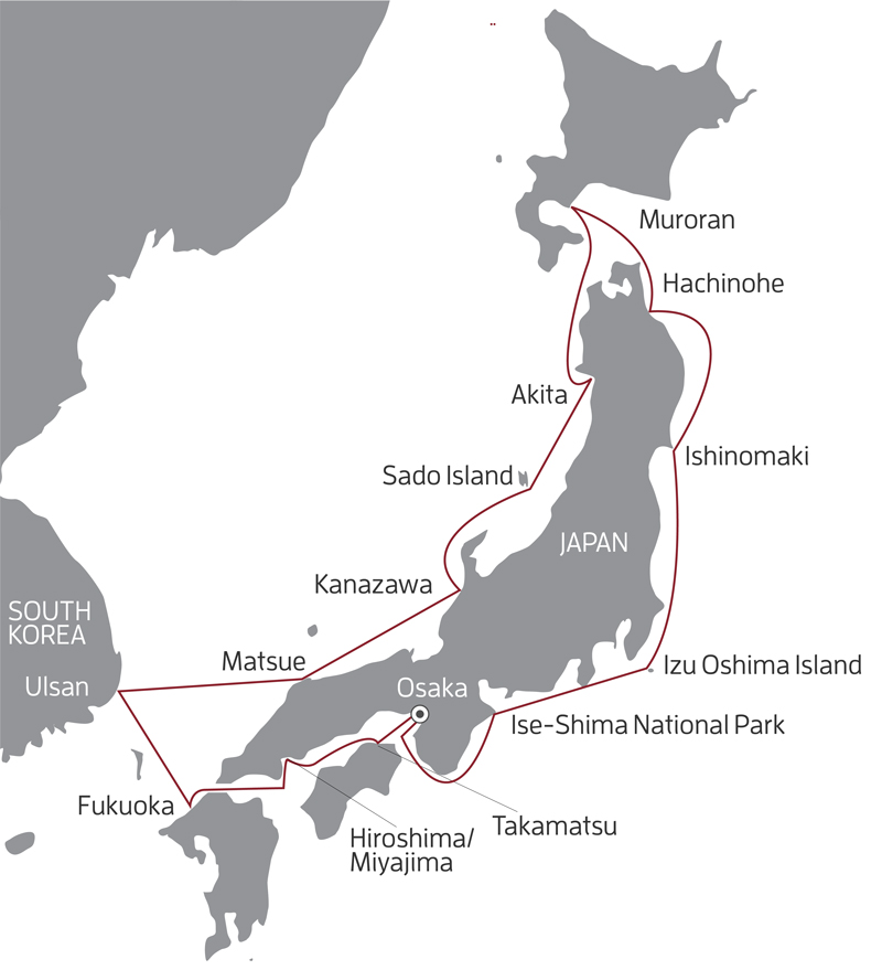 Route map of Japan National Parks, Art & Culture cruise, round-trip from Osaka with a full circumnavigation of Honshu plus visits to Hokkaido, Kyushu & South Korea's city of Ulsan.