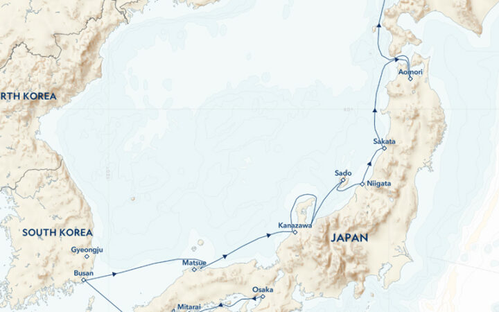 Route map of Japan's western shores cruise from Osaka on Honshu to Sapporo on Hokkaido, via Busan, South Korea.